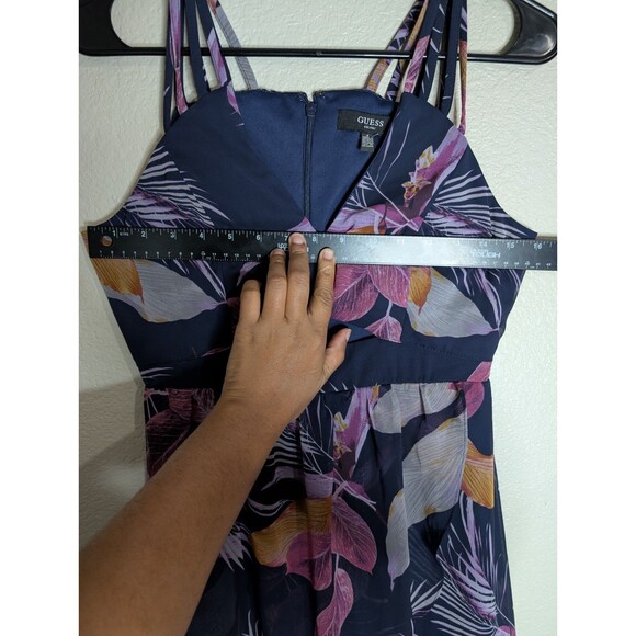 GUESS Dress 4 Tropical Print Chiffon High-Low Maxi Strappy Keyhole Navy Blue - Picture 10 of 13